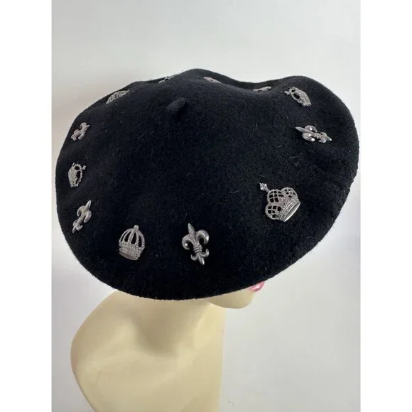 Neiman Marcus Black Wool Beret With Crown & Fleur-De-Lis  display picture 1
